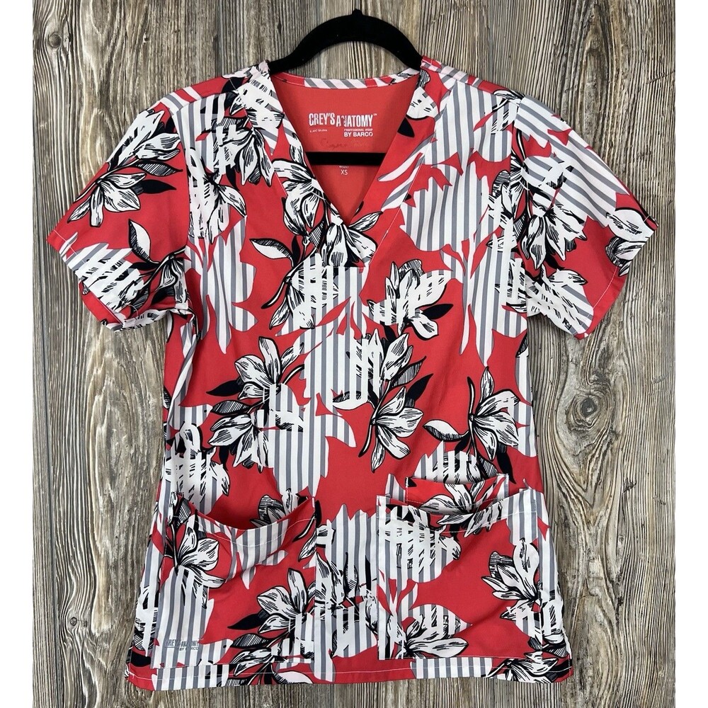 Grey’s Anatomy Signature Scrub Top Red Floral XS Extra Small Medical Dental